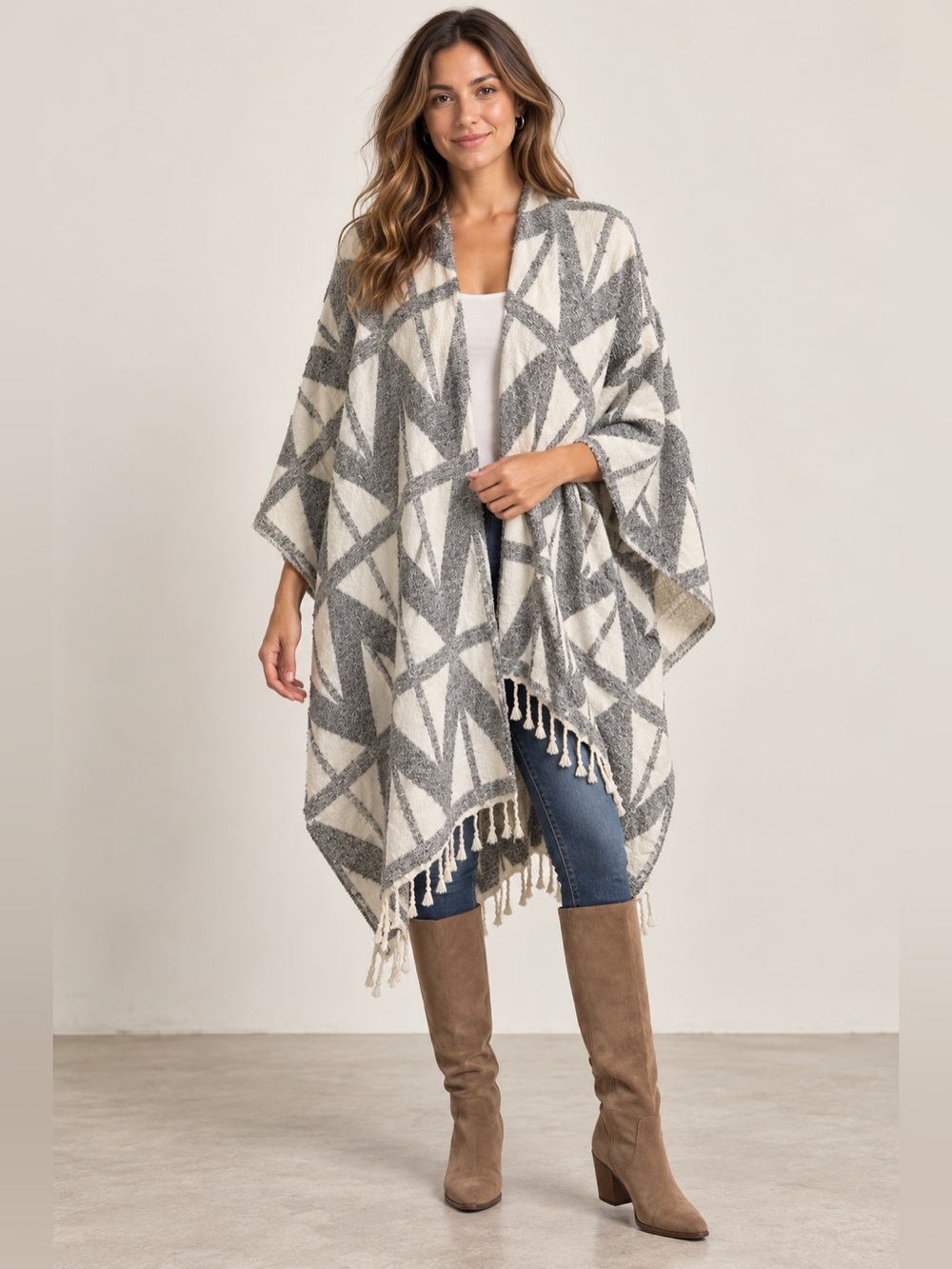 World Market Geometric Fringe Poncho Wrap Gray Cream One Size